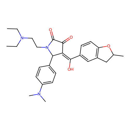 (4E)-1-(2-diethylaminoethyl)-5-(4-dimethylaminophenyl)-4-[hydroxy-(2-methyl-2,3-dihydro-1-benzofuran-5-yl)methylidene]pyrrolidine-2,3-dione structure