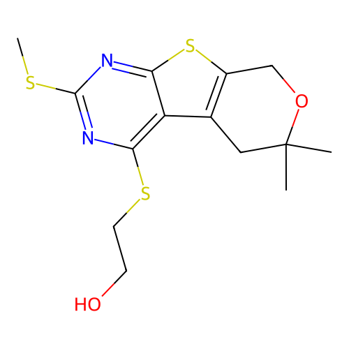 2-((6,6-dimethyl-2-(methylthio)-6,8-dihydro-5H-pyrano[4',3':4,5]thieno[2,3-d]pyrimidin-4-yl)thio)ethanol structure