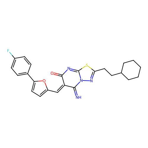 (6Z)-2-(2-cyclohexylethyl)-6-[[5-(4-fluorophenyl)furan-2-yl]methylidene]-5-imino-[1,3,4]thiadiazolo[3,2-a]pyrimidin-7-one structure