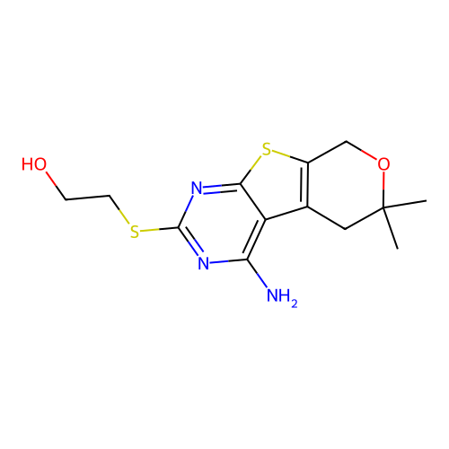 2-((4-amino-6,6-dimethyl-6,8-dihydro-5H-pyrano[4',3':4,5]thieno[2,3-d]pyrimidin-2-yl)thio)ethanol structure