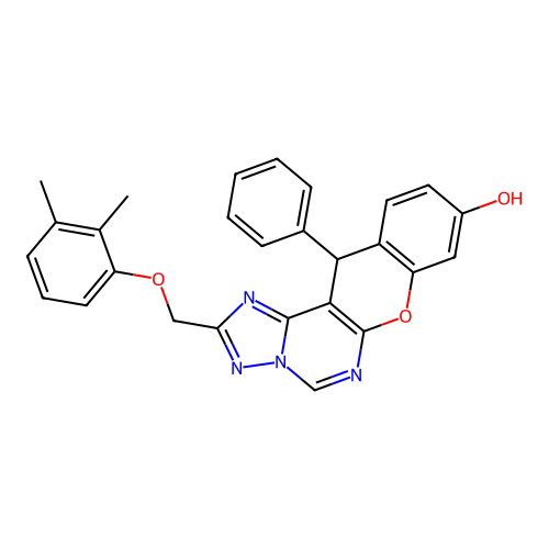 2-[(2,3-dimethylphenoxy)methyl]-12-phenyl-12H-chromeno[3,2-e][1,2,4]triazolo[1,5-c]pyrimidin-9-ol structure
