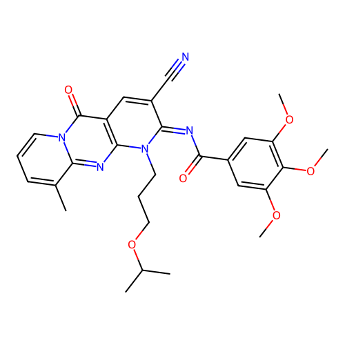 (E)-N-(3-cyano-1-(3-isopropoxypropyl)-10-methyl-5-oxo-1H-dipyrido[1,2-a:2',3'-d]pyrimidin-2(5H)-ylidene)-3,4,5-trimethoxybenzamide structure
