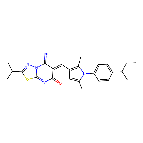 (6Z)-6-({1-[4-(butan-2-yl)phenyl]-2,5-dimethyl-1H-pyrrol-3-yl}methylidene)-5-imino-2-(propan-2-yl)-5,6-dihydro-7H-[1,3,4]thiadiazolo[3,2-a]pyrimidin-7-one structure