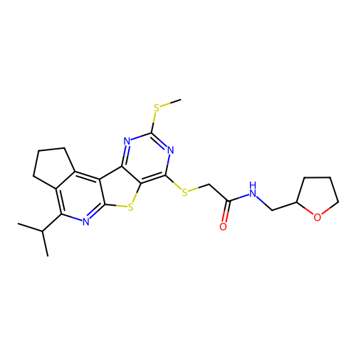 2-((4-isopropyl-9-(methylthio)-2,3-dihydro-1H-cyclopenta[4',5']pyrido[3',2':4,5]thieno[3,2-d]pyrimidin-7-yl)thio)-N-((tetrahydrofuran-2-yl)methyl)acetamide structure