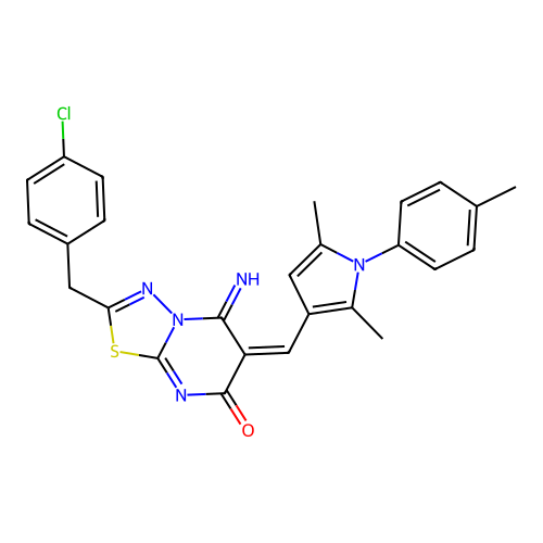 (E)-2-(4-chlorobenzyl)-6-((2,5-dimethyl-1-(p-tolyl)-1H-pyrrol-3-yl)methylene)-5-imino-5H-[1,3,4]thiadiazolo[3,2-a]pyrimidin-7(6H)-one structure