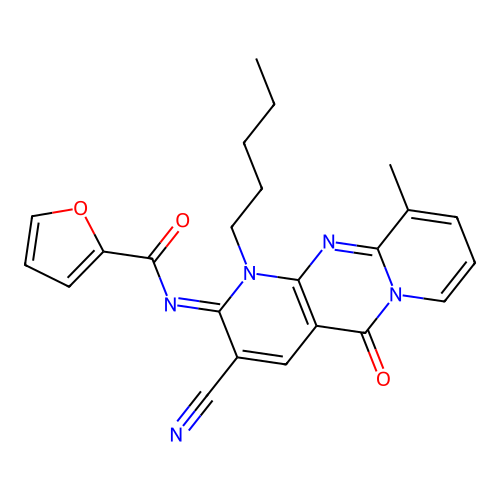 (E)-N-(3-cyano-10-methyl-5-oxo-1-pentyl-1H-dipyrido[1,2-a:2',3'-d]pyrimidin-2(5H)-ylidene)furan-2-carboxamide structure