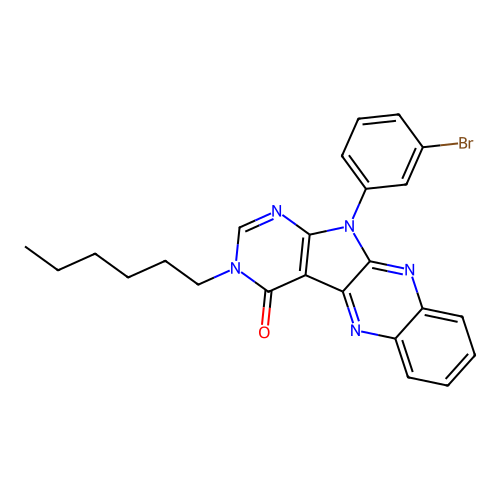 11-(3-bromophenyl)-3-hexyl-3H-pyrimido[5',4':4,5]pyrrolo[2,3-b]quinoxalin-4(11H)-one structure