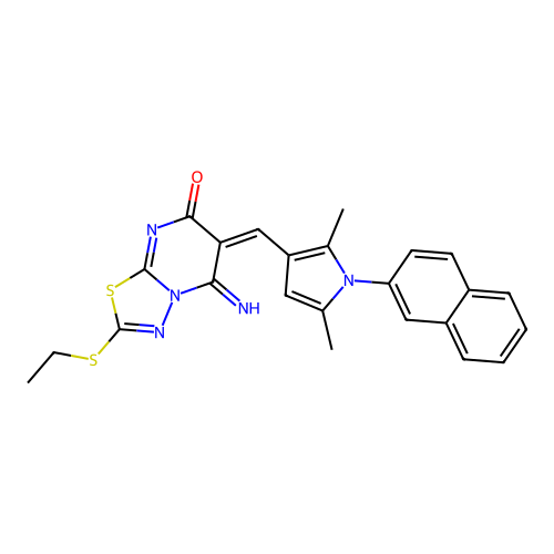 (6E)-6-[(2,5-dimethyl-1-naphthalen-2-ylpyrrol-3-yl)methylidene]-2-ethylsulfanyl-5-imino-[1,3,4]thiadiazolo[3,2-a]pyrimidin-7-one structure