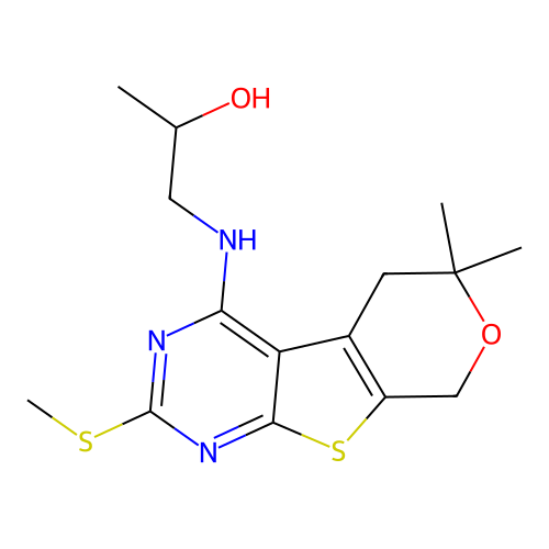 1-((6,6-dimethyl-2-(methylthio)-6,8-dihydro-5H-pyrano[4',3':4,5]thieno[2,3-d]pyrimidin-4-yl)amino)propan-2-ol structure