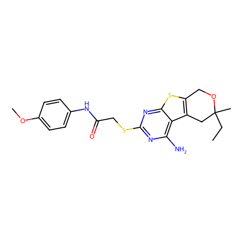 2-[(4-amino-6-ethyl-6-methyl-5,8-dihydro-6H-pyrano[4',3':4,5]thieno[2,3-d]pyrimidin-2-yl)sulfanyl]-N-(4-methoxyphenyl)acetamide structure