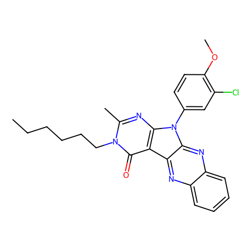 11-(3-chloro-4-methoxyphenyl)-3-hexyl-2-methyl-3,11-dihydro-4H-pyrimido[5',4':4,5]pyrrolo[2,3-b]quinoxalin-4-one structure