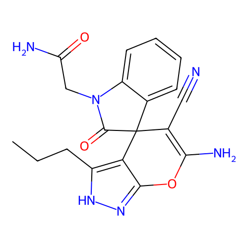 2-(6'-amino-5'-cyano-2-oxo-3'-propyl-1'H-spiro[indoline-3,4'-pyrano[2,3-c]pyrazol]-1-yl)acetamide structure