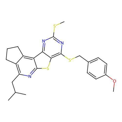 4-isobutyl-7-((4-methoxybenzyl)thio)-9-(methylthio)-2,3-dihydro-1H-cyclopenta[4',5']pyrido[3',2':4,5]thieno[3,2-d]pyrimidine structure