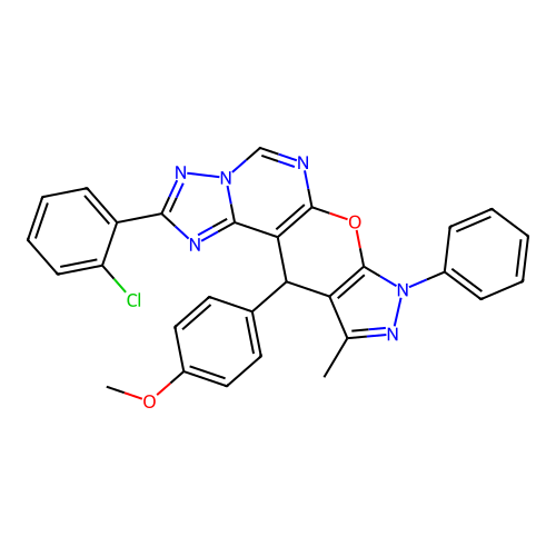 2-(2-chlorophenyl)-11-(4-methoxyphenyl)-10-methyl-8-phenyl-8,11-dihydropyrazolo[4',3':5,6]pyrano[3,2-e][1,2,4]triazolo[1,5-c]pyrimidine structure