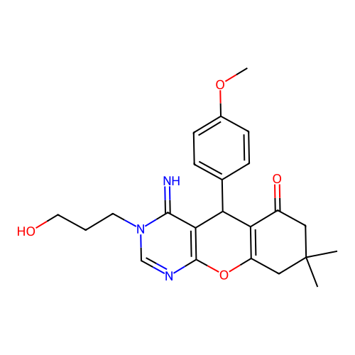 3-(3-hydroxypropyl)-4-imino-5-(4-methoxyphenyl)-8,8-dimethyl-3,4,5,7,8,9-hexahydro-6H-chromeno[2,3-d]pyrimidin-6-one structure