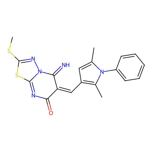 (6E)-6-[(2,5-dimethyl-1-phenyl-1H-pyrrol-3-yl)methylidene]-5-imino-2-(methylsulfanyl)-5,6-dihydro-7H-[1,3,4]thiadiazolo[3,2-a]pyrimidin-7-one structure