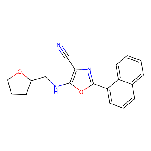 2-(naphthalen-1-yl)-5-[(tetrahydrofuran-2-ylmethyl)amino]-1,3-oxazole-4-carbonitrile structure