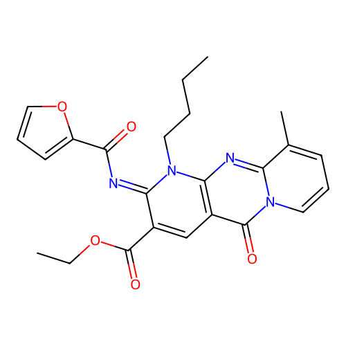 1-butyl-2-[2-furanyl(oxo)methyl]imino-10-methyl-5-oxo-3-dipyrido[3,4-c:1',2'-f]pyrimidinecarboxylic acid ethyl ester structure