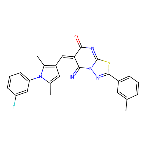 (E)-6-((1-(3-fluorophenyl)-2,5-dimethyl-1H-pyrrol-3-yl)methylene)-5-imino-2-(m-tolyl)-5H-[1,3,4]thiadiazolo[3,2-a]pyrimidin-7(6H)-one structure