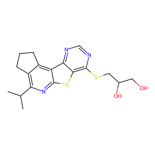 3-((4-isopropyl-2,3-dihydro-1H-cyclopenta[4',5']pyrido[3',2':4,5]thieno[3,2-d]pyrimidin-7-yl)thio)propane-1,2-diol structure
