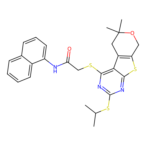 2-((2-(isopropylthio)-6,6-dimethyl-6,8-dihydro-5H-pyrano[4',3':4,5]thieno[2,3-d]pyrimidin-4-yl)thio)-N-(naphthalen-1-yl)acetamide structure