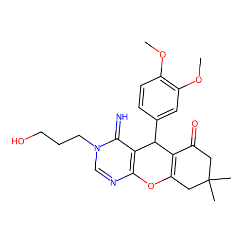 5-(3,4-dimethoxyphenyl)-3-(3-hydroxypropyl)-4-imino-8,8-dimethyl-3,4,5,7,8,9-hexahydro-6H-chromeno[2,3-d]pyrimidin-6-one structure