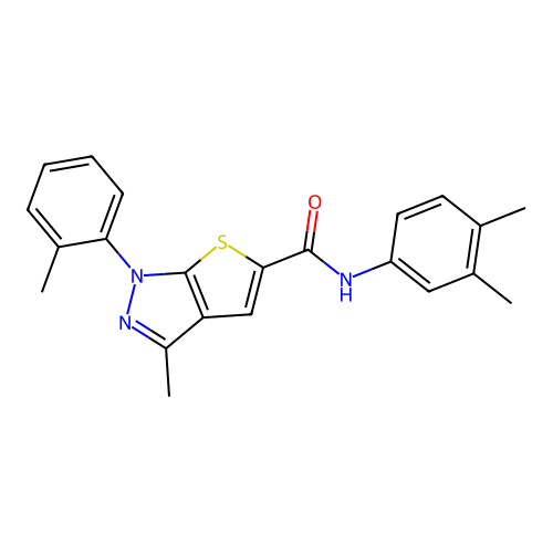 N-(3,4-dimethylphenyl)-3-methyl-1-(2-methylphenyl)-1H-thieno[2,3-c]pyrazole-5-carboxamide structure