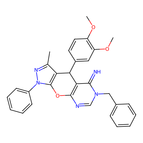 6-benzyl-4-(3,4-dimethoxyphenyl)-3-methyl-1-phenyl-4,6-dihydropyrazolo[4',3':5,6]pyrano[2,3-d]pyrimidin-5(1H)-imine structure