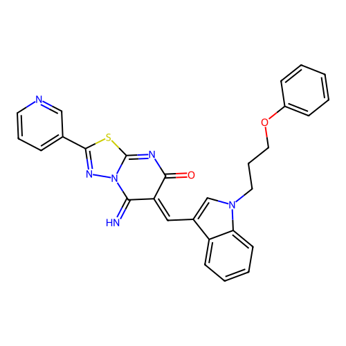 (6Z)-5-imino-6-[[1-(3-phenoxypropyl)indol-3-yl]methylidene]-2-pyridin-3-yl-[1,3,4]thiadiazolo[3,2-a]pyrimidin-7-one structure