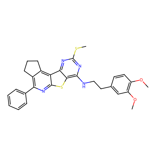 N-(3,4-dimethoxyphenethyl)-9-(methylthio)-4-phenyl-2,3-dihydro-1H-cyclopenta[4',5']pyrido[3',2':4,5]thieno[3,2-d]pyrimidin-7-amine structure
