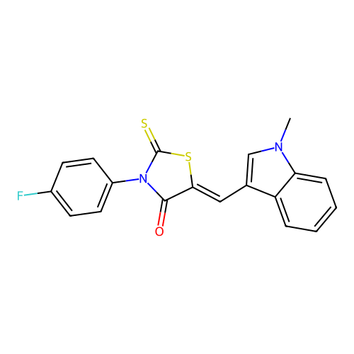 (Z)-3-(4-fluorophenyl)-5-((1-methyl-1H-indol-3-yl)methylene)-2-thioxothiazolidin-4-one structure