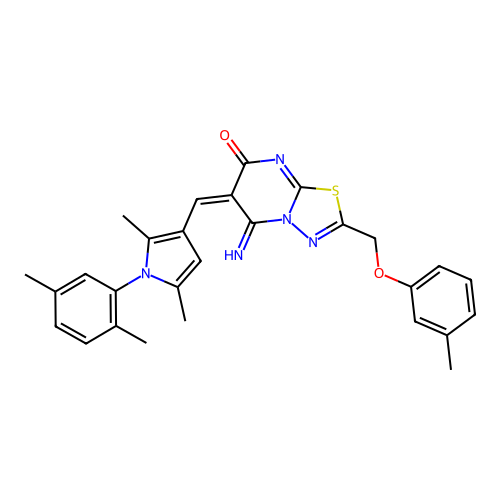 (E)-6-((1-(2,5-dimethylphenyl)-2,5-dimethyl-1H-pyrrol-3-yl)methylene)-5-imino-2-((m-tolyloxy)methyl)-5H-[1,3,4]thiadiazolo[3,2-a]pyrimidin-7(6H)-one structure