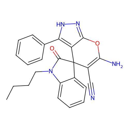 6'-amino-1-butyl-2-oxo-3'-phenyl-1'H-spiro[indoline-3,4'-pyrano[2,3-c]pyrazole]-5'-carbonitrile structure