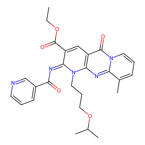(Z)-ethyl 1-(3-isopropoxypropyl)-10-methyl-2-(nicotinoylimino)-5-oxo-2,5-dihydro-1H-dipyrido[1,2-a:2',3'-d]pyrimidine-3-carboxylate structure
