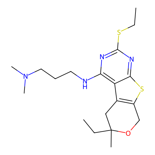 N'-[6-ethyl-2-(ethylsulfanyl)-6-methyl-5,8-dihydro-6H-pyrano[4',3':4,5]thieno[2,3-d]pyrimidin-4-yl]-N,N-dimethylpropane-1,3-diamine structure