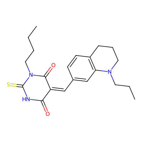 1-butyl-5-((1-propyl-1,2,3,4-tetrahydroquinolin-7-yl)methylene)-2-thioxodihydropyrimidine-4,6(1H,5H)-dione structure