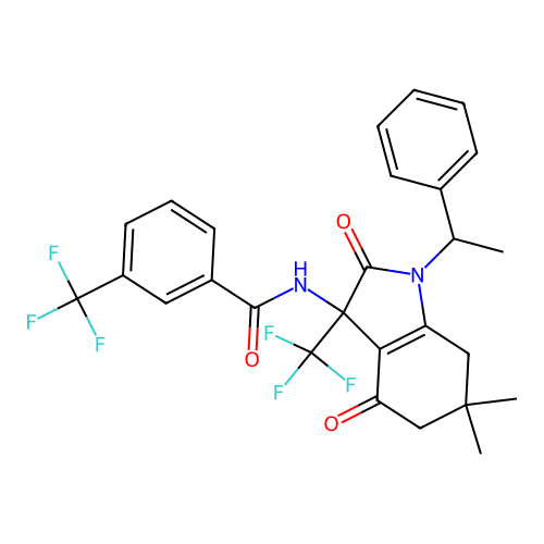 N-(6,6-dimethyl-2,4-dioxo-1-(1-phenylethyl)-3-(trifluoromethyl)-2,3,4,5,6,7-hexahydro-1H-indol-3-yl)-3-(trifluoromethyl)benzamide structure