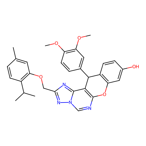 12-(3,4-dimethoxyphenyl)-2-((2-isopropyl-5-methylphenoxy)methyl)-12H-chromeno[3,2-e][1,2,4]triazolo[1,5-c]pyrimidin-9-ol structure