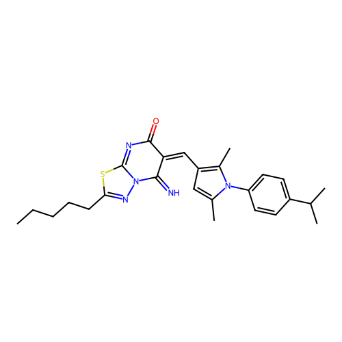 (6E)-6-({2,5-dimethyl-1-[4-(propan-2-yl)phenyl]-1H-pyrrol-3-yl}methylidene)-5-imino-2-pentyl-5,6-dihydro-7H-[1,3,4]thiadiazolo[3,2-a]pyrimidin-7-one structure