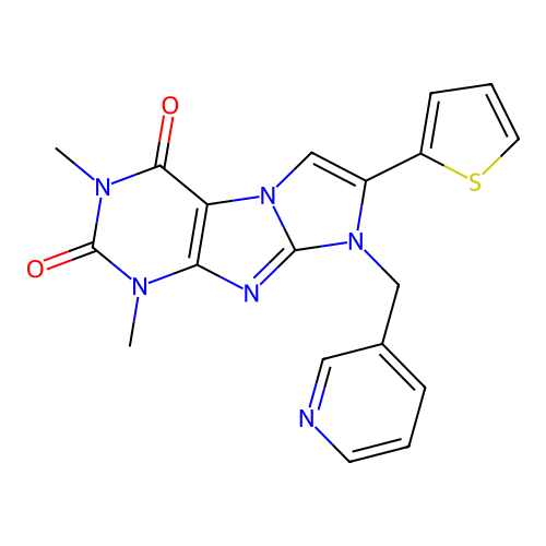 1,3-dimethyl-8-(pyridin-3-ylmethyl)-7-(thiophen-2-yl)-1H-imidazo[2,1-f]purine-2,4(3H,8H)-dione structure