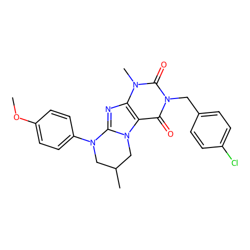 3-(4-chlorobenzyl)-9-(4-methoxyphenyl)-1,7-dimethyl-6,7,8,9-tetrahydropyrimido[2,1-f]purine-2,4(1H,3H)-dione structure