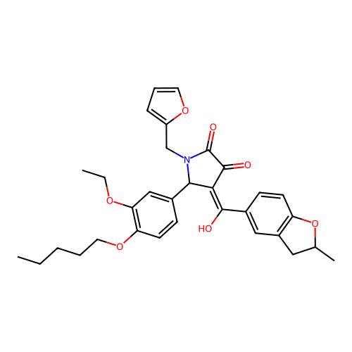 (4E)-5-(3-ethoxy-4-pentoxyphenyl)-1-(furan-2-ylmethyl)-4-[hydroxy-(2-methyl-2,3-dihydro-1-benzofuran-5-yl)methylidene]pyrrolidine-2,3-dione structure