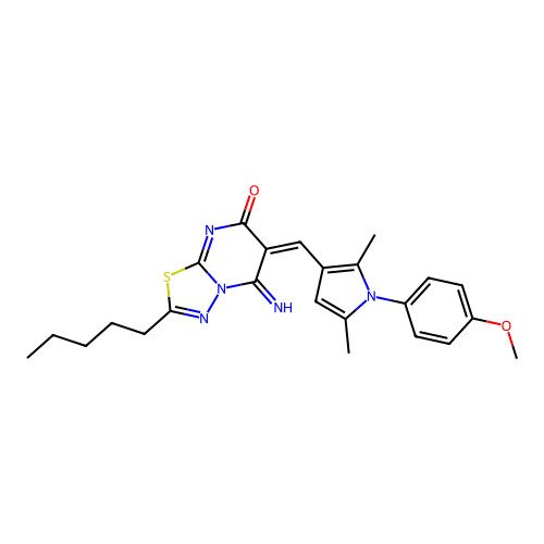 (6E)-5-imino-6-[[1-(4-methoxyphenyl)-2,5-dimethylpyrrol-3-yl]methylidene]-2-pentyl-[1,3,4]thiadiazolo[3,2-a]pyrimidin-7-one structure