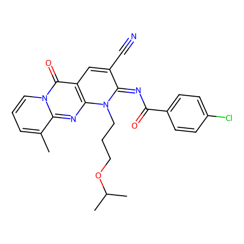 (E)-4-chloro-N-(3-cyano-1-(3-isopropoxypropyl)-10-methyl-5-oxo-1H-dipyrido[1,2-a:2',3'-d]pyrimidin-2(5H)-ylidene)benzamide structure