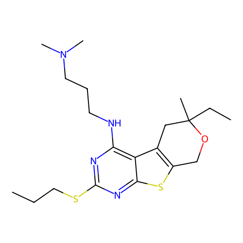 N'-[6-ethyl-6-methyl-2-(propylsulfanyl)-5,8-dihydro-6H-pyrano[4',3':4,5]thieno[2,3-d]pyrimidin-4-yl]-N,N-dimethylpropane-1,3-diamine structure