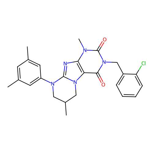 3-(2-chlorobenzyl)-9-(3,5-dimethylphenyl)-1,7-dimethyl-6,7,8,9-tetrahydropyrimido[2,1-f]purine-2,4(1H,3H)-dione structure