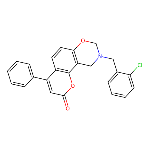 9-(2-chlorobenzyl)-4-phenyl-9,10-dihydro-2H,8H-chromeno[8,7-e][1,3]oxazin-2-one structure