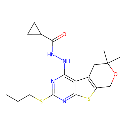 N'-(6,6-dimethyl-2-(propylthio)-6,8-dihydro-5H-pyrano[4',3':4,5]thieno[2,3-d]pyrimidin-4-yl)cyclopropanecarbohydrazide structure