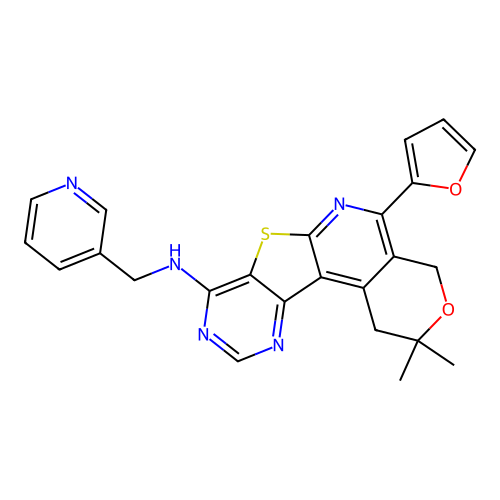 5-(furan-2-yl)-2,2-dimethyl-N-(pyridin-3-ylmethyl)-1,4-dihydro-2H-pyrano[4'',3'':4',5']pyrido[3',2':4,5]thieno[3,2-d]pyrimidin-8-amine structure