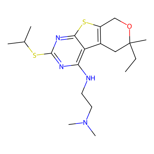 N'-[6-ethyl-6-methyl-2-(propan-2-ylsulfanyl)-5,8-dihydro-6H-pyrano[4',3':4,5]thieno[2,3-d]pyrimidin-4-yl]-N,N-dimethylethane-1,2-diamine structure